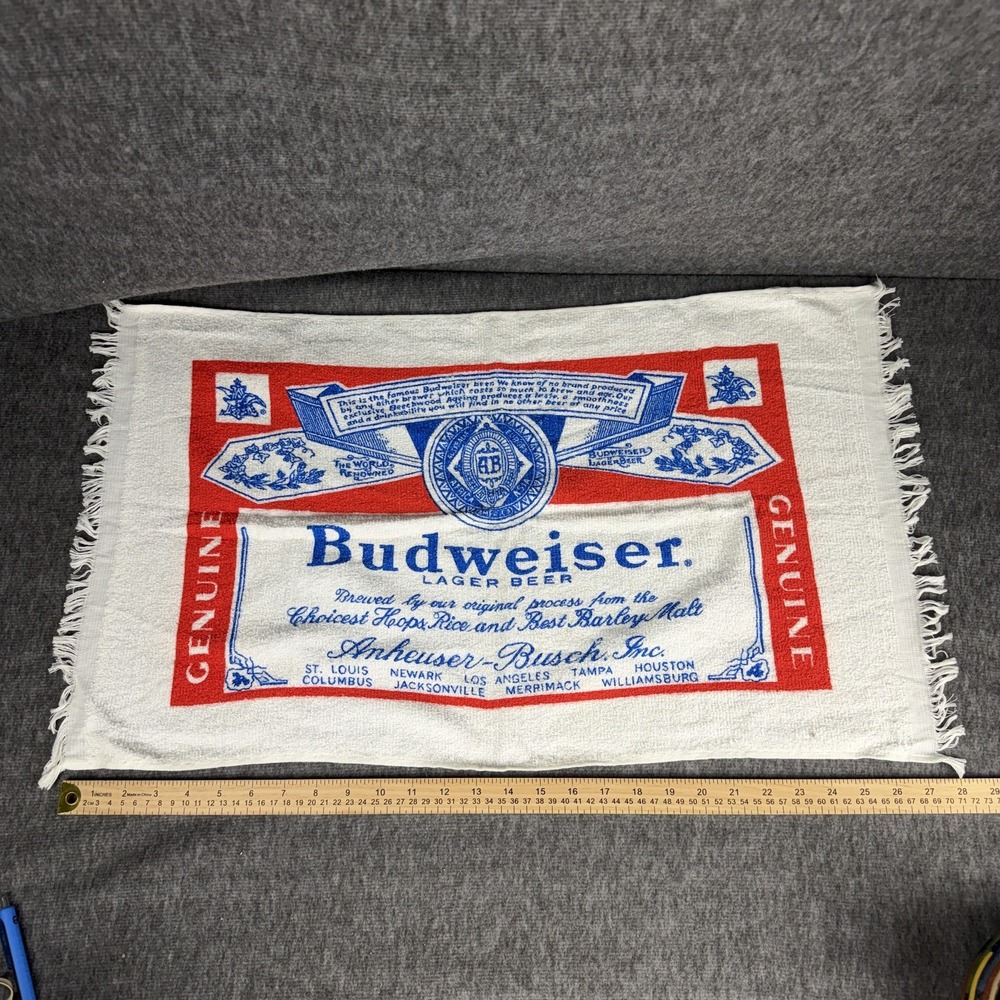 Vintage Budweiser Beer Bar Towel All Cotton Made In USA Label Graphics Fringed